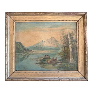 Late-1800s Antique Oil Painting – Indigenous Canoe Scene, Original Frame For Sale