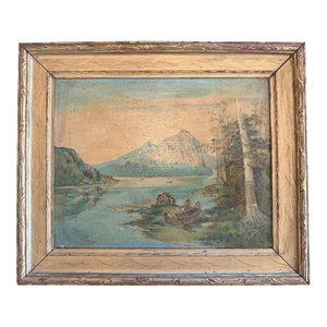 Late-1800s Antique Oil Painting – Indigenous Canoe Scene, Original Frame