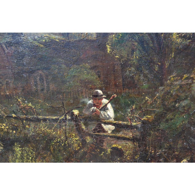 Gothic Mid 19th Century "English Churchyard at Dusk," Large Moody Gothic Antique Victorian Oil Painting For Sale - Image 3 of 6