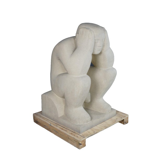 A very large and impressive vintage hand-carved limestone sculpture of a nude thinking man fertility figure. The subject...