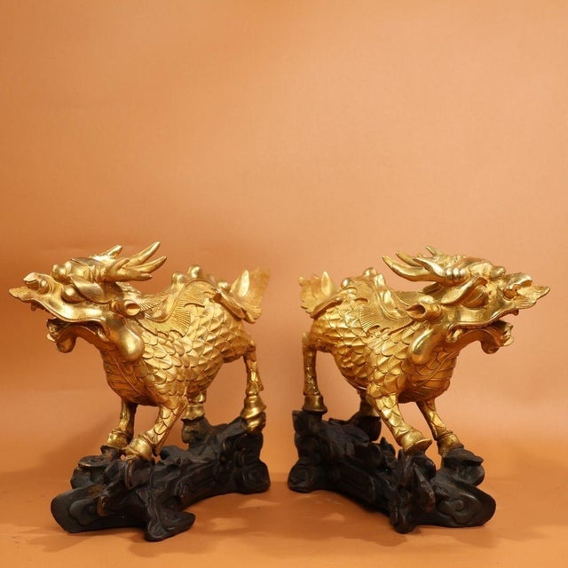 Traditional Late 19th Century Pair of Gilt Bronze Winged Qilin Statues, Mythical Beast Figures, 3.75kg For Sale - Image 3 of 9