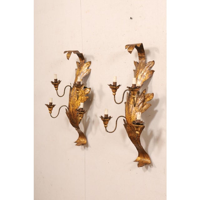 Bronze Mid 20th Century Italian Metal 4-Light Sconces in Leaf Motif- Set of 2 For Sale - Image 8 of 10