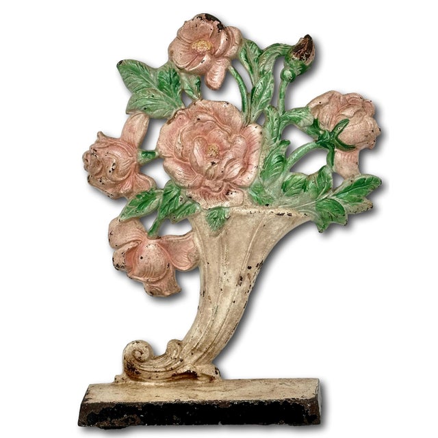 Rose Hard 2 Find Vintage 1930s Hubley Manufacturing Co. #441 Pink Roses in Slanted Vase Cast Iron Flower Doorstop For Sale - Image 8 of 12