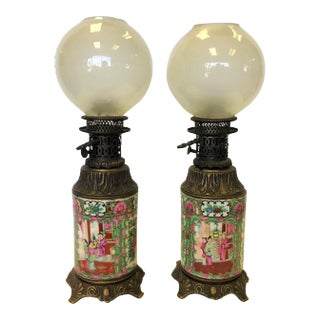 Early 20th Century Antique Asian Chinoiserie Style Hand Painted Porcelain and Bronze Oil Lamps Converted to Electric - a Pair For Sale