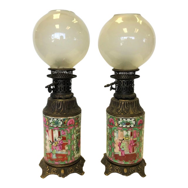 Early 20th Century Antique Asian Chinoiserie Style Hand Painted Porcelain and Bronze Oil Lamps Converted to Electric - a Pair For Sale