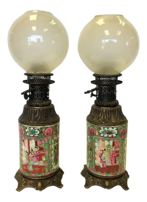 Early 20th Century Antique Asian Chinoiserie Style Hand Painted Porcelain and Bronze Oil Lamps Converted to Electric - a Pair