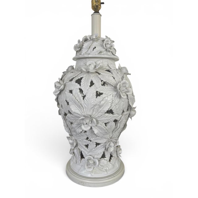 A stunning mid-20th century porcelain table lamp believed to be attributed to Casa Pupo, Spain. This lamp features...