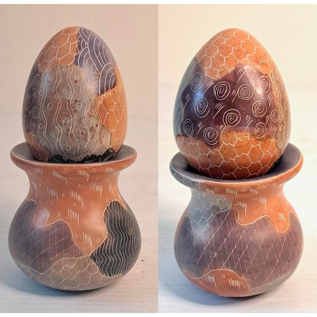 Vintage Carved Soapstone Egg & Rainbow Stone Egg Set of 2 W/ Stands For Sale - Image 4 of 13