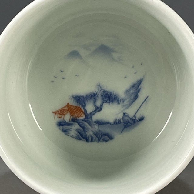 White Late 20th Century Chinese Blue & White Porcelain Master Tea Cup With Landscape Scene For Sale - Image 8 of 9