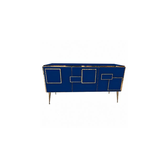 Blue Three-Door Italian Sideboard in Sapphire Blue Glass and Brass from Justfurnituress SRL For Sale - Image 8 of 9
