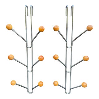 Pair of 1990s Modernist Chrome & Beech Wood, Ceiling-Mounted Coat Racks For Sale