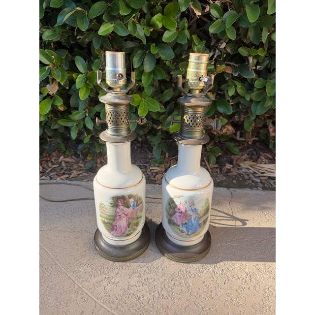 Metal Vintage Porcelain Table Lamps Romantic Courting Scenes, Gold Trim - a Pair For Sale - Image 7 of 9