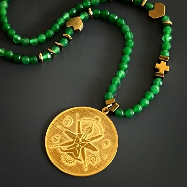 Metal Green Jade Stone Spiritual Soul Gold Medallion Pendant Necklace For Sale - Image 7 of 16