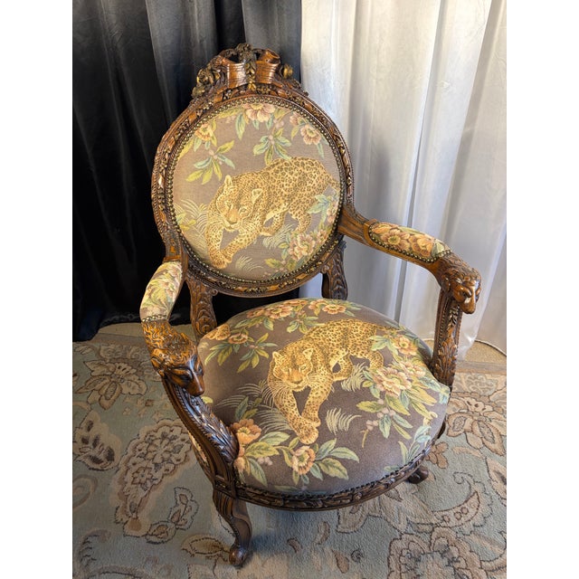 Late 20th Century Ornate French Transitional Style Carved Ram's Head Armchair in Leopard Tapestry For Sale - Image 13 of 13
