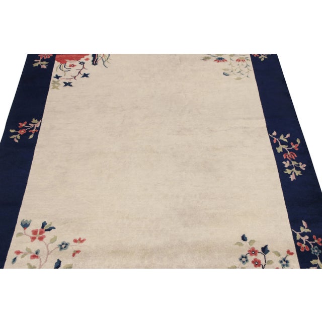 Vintage Chinese Deco Style Rug, Off-White Field, Blue Border, Red Green Florals For Sale - Image 4 of 7