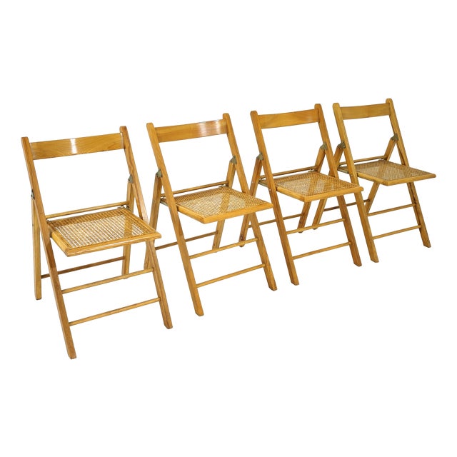 Vintage Vienna Straw and Wood Folding Chairs, Italy, 1970s, Set of 4 For Sale