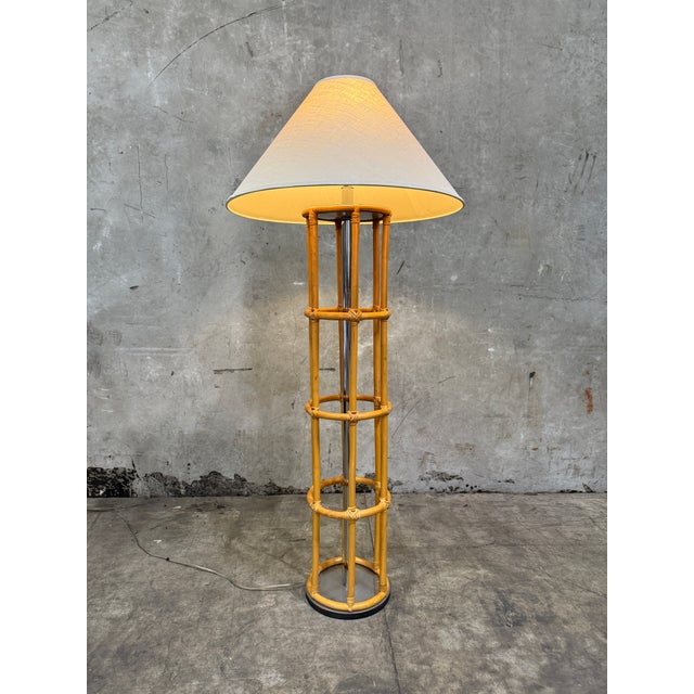 1970s Vintage Bamboo Rattan Floor Lamp Chrome Cage Column Organic Modern Boho For Sale - Image 5 of 8