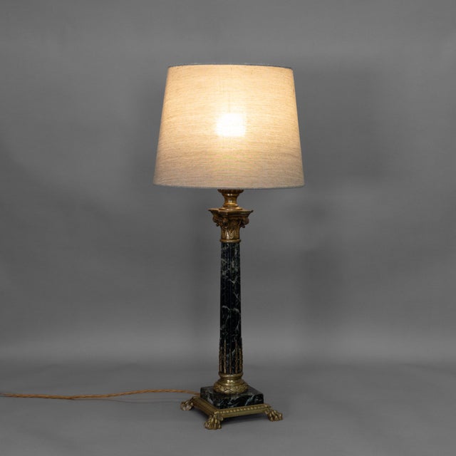Brass desk lamp with green reeded marble column and Corinthian capital. Shade not included. Circa 1930. UK Plug (up to...
