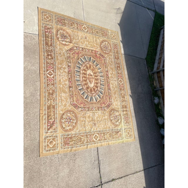 Beige Aubusson Flatweave Rug in Gold, Beige-Brown & Blue Florals For Sale - Image 8 of 12