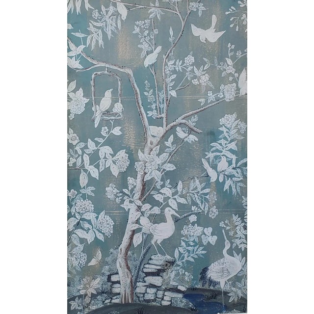 Contemporary 1970s Pair of Chinoiserie Paintings Wall Panels in Custom Carved Wood Frames For Sale - Image 3 of 12