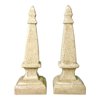 1980s Vintage Boho Chic Hollywood Regency Crackle Finish Ceramic Obelisk - A Pair. For Sale