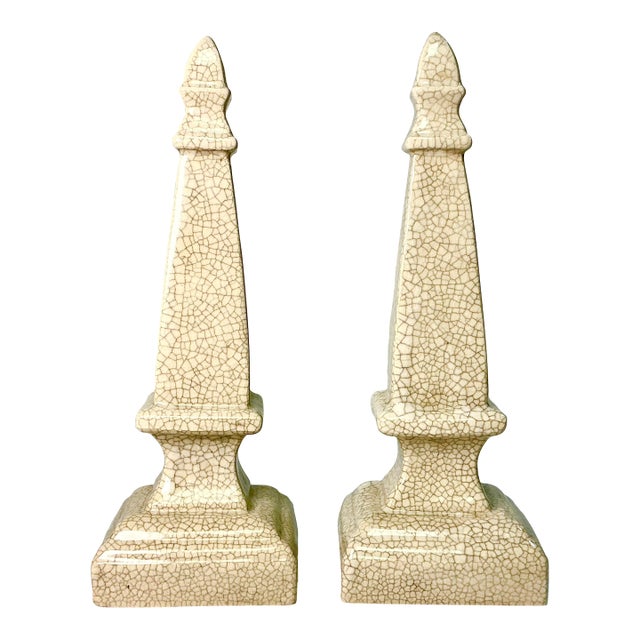 1980s Vintage Boho Chic Hollywood Regency Crackle Finish Ceramic Obelisk - A Pair. For Sale
