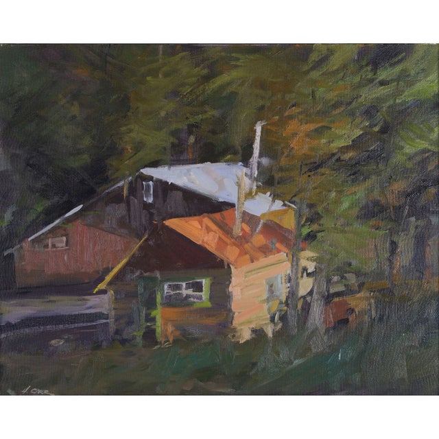 Vintage Howard Carr Cabin in the Woods oil painting, circa 1980-90. This Howard Carr painting comes framed as shown....