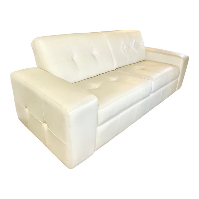 Early 21st C Modern Contemporary Cube White Leather Sofa, After Knoll. For Sale