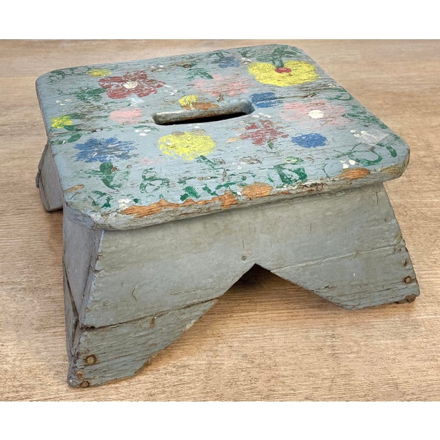 Antique Primitive Farmhouse Gray Floral Footstool For Sale - Image 10 of 12