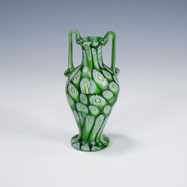 Fratelli Toso Antique Millefiori Vase Green With Handles, Fratelli Toso Murano Ca. 1920s For Sale - Image 4 of 7