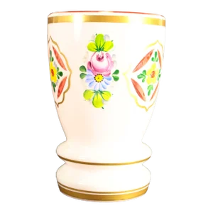 Early 1900's Bohemian Cut to Clear Milk & Pink Cased Glass Vase With Enameled Roses