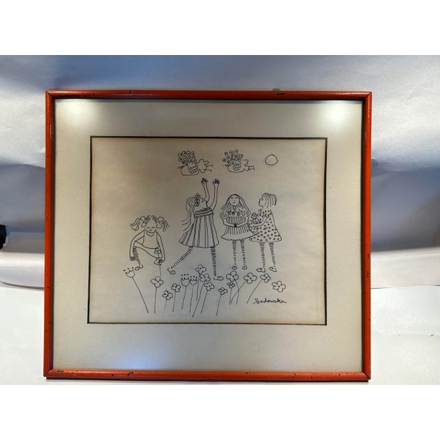 White Krystyna Sadowska, Mid Century Drawing of Girls With Flowers, Framed For Sale - Image 8 of 8