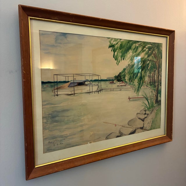 Original Watercolor Lake Painting Mid Century 1954 Framed by Mary O Strouse For Sale - Image 12 of 12