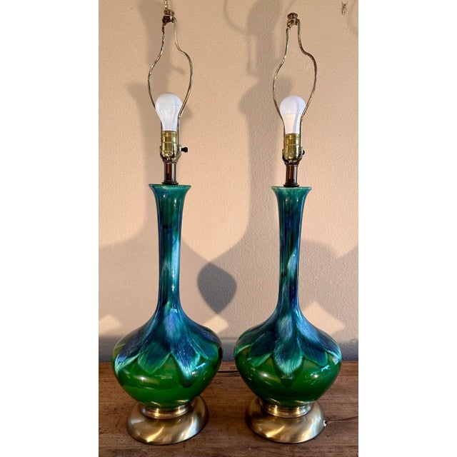 Metal Vintage 1960s Ceramic Drip Glazed Green Blue Brass Table Lamps - a Pair For Sale - Image 7 of 12