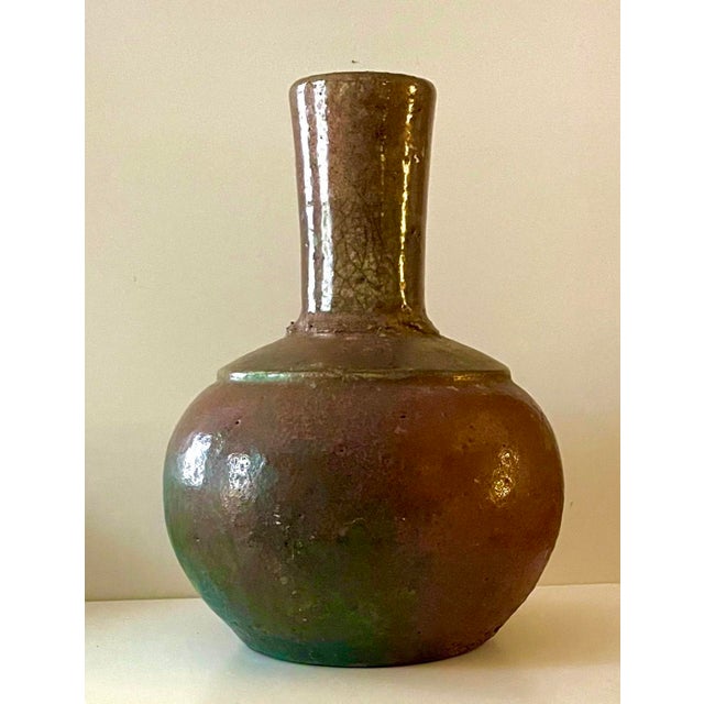 1970s Vintage Signed Studio Pottery Vase With Layered Burnt Umber and Teal Green Glaze For Sale - Image 5 of 7