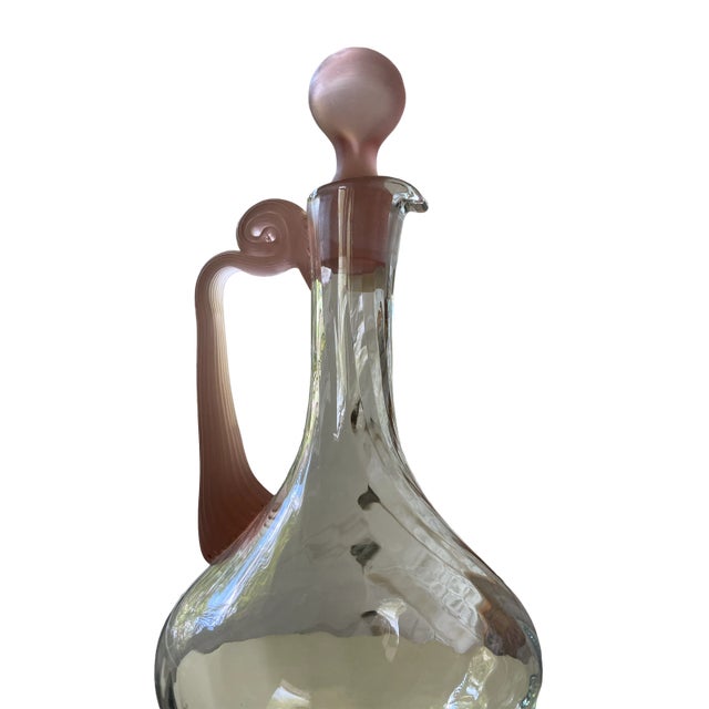 Contemporary Vintage Polish Crystal Wine Carafe Decanter Pitcher With Frosted Pink Stopper and Satin Handle For Sale - Image 3 of 9