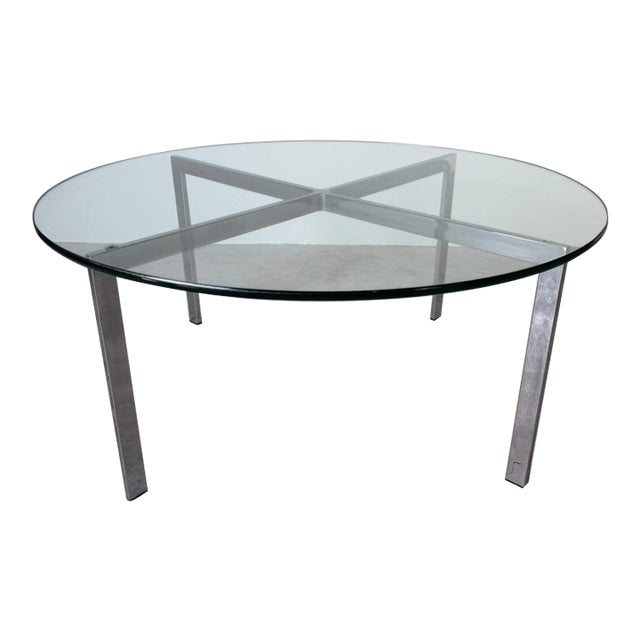 1970s Mid-Century Modern Knoll Barcelona-Style Chrome X-Base Round Glass Coffee Table For Sale