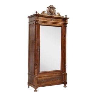 1800s Antique Italian Mirrored Carved Single Door Walnut Foliate Armoire For Sale