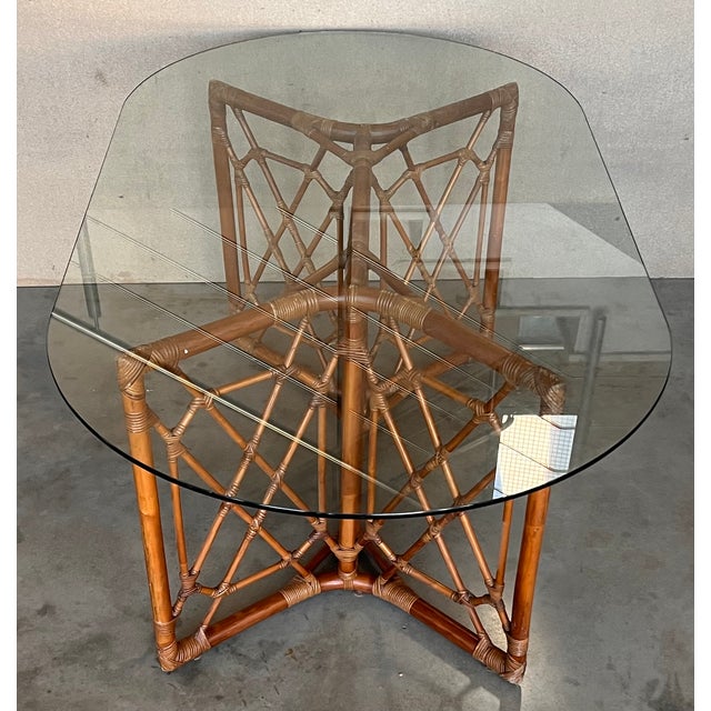 Chinese Chippendale Style Bamboo Dining Table With Oval Glass Top For Sale - Image 10 of 11