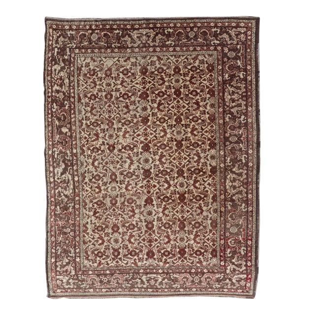 Antique Turkish Sivas Rug With Tan Background and Maroon, Eggplant, Brown Color For Sale