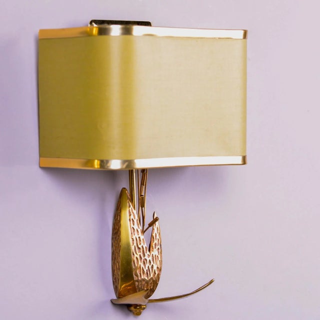 Maison Charles Pair Brass Lotus Wall Sconces With Shades Attributed to Maison Charles For Sale - Image 4 of 9