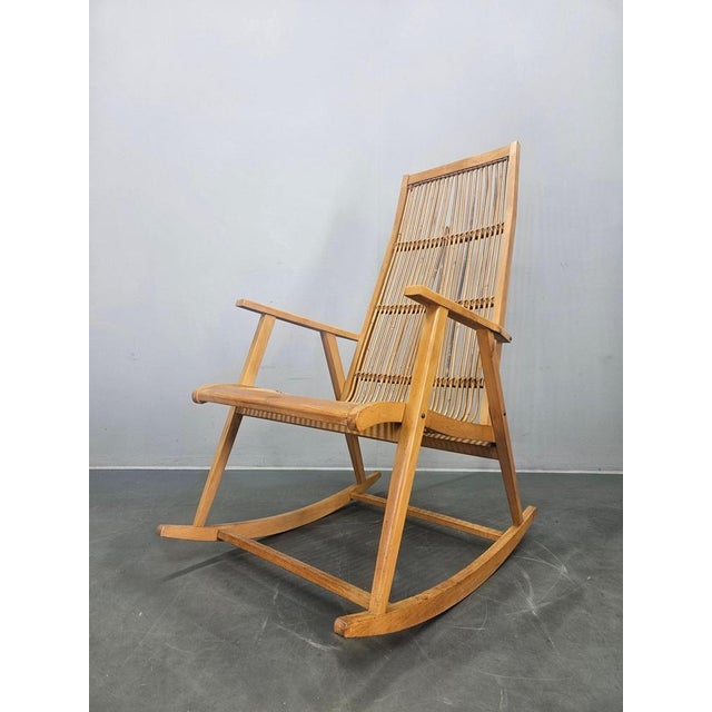 Midcentury Wood and Rattan Rocking Chair, Denmark, 1960s For Sale - Image 4 of 12