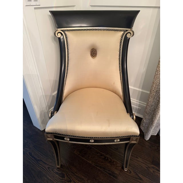 Marge Carson dark wood and gold extendable fancy dinning room table Valentino type style with leaf, 6 dinning chairs. All...