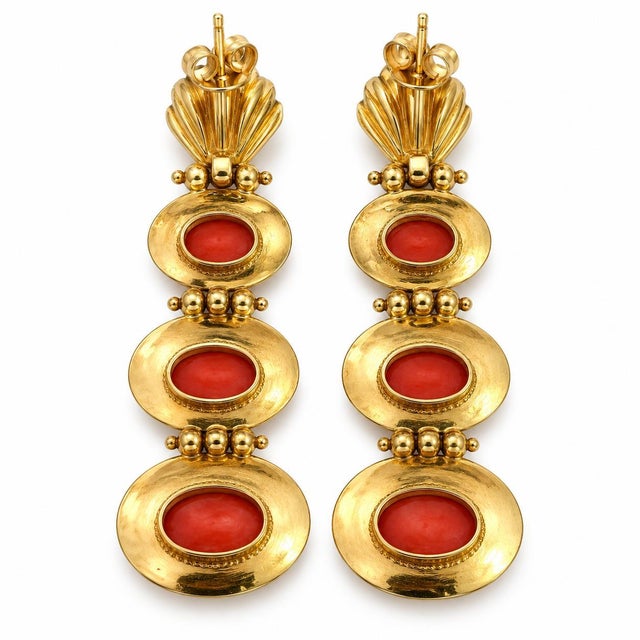 Vintage 18k Yellow Gold 3-Station Cabochon Coral Shell Dangle Drop Earrings, Pair For Sale - Image 4 of 5