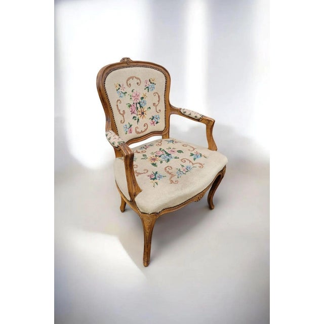Brown Queen Anne Victorian Carved Walnut Armchair with Floral Upholstery, 1920s For Sale - Image 8 of 10