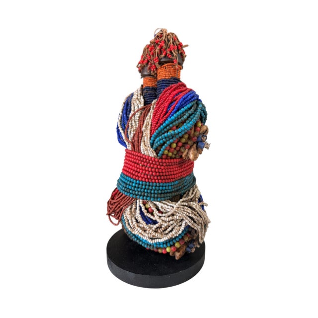Vintage African Beaded Namji Twin Fertility Dolls Cameroon W/Wood Stand 11" H For Sale In New York - Image 6 of 9