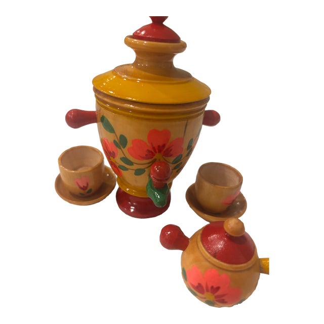 1980s Mini Khokloma Russian Samovar Tea Set For Sale