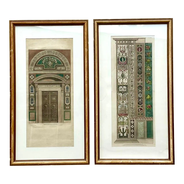 Vintage Pair of Hand Colored Engravings After Raphael “Le Loggie De Raffaello” From the Breakers Hotel For Sale