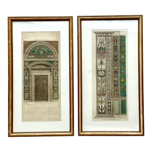 Vintage Pair of Hand Colored Engravings After Raphael “Le Loggie De Raffaello” From the Breakers Hotel