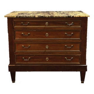 French Directoire Mahogany Commode with 4 Drawers and Marble Top, 1920s For Sale